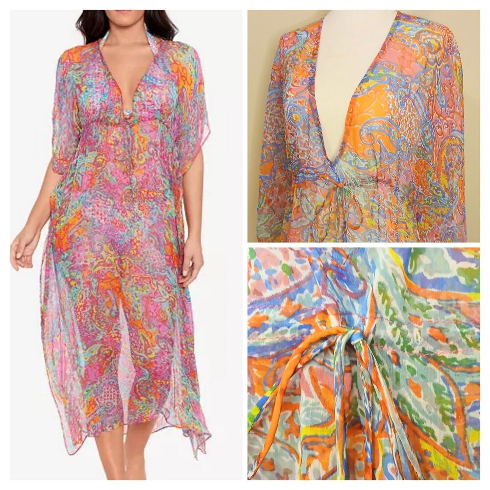 Lauren Ralph Lauren Cover-up Sz XS Midi Caftan Sheer Paisley Floral Multi $135